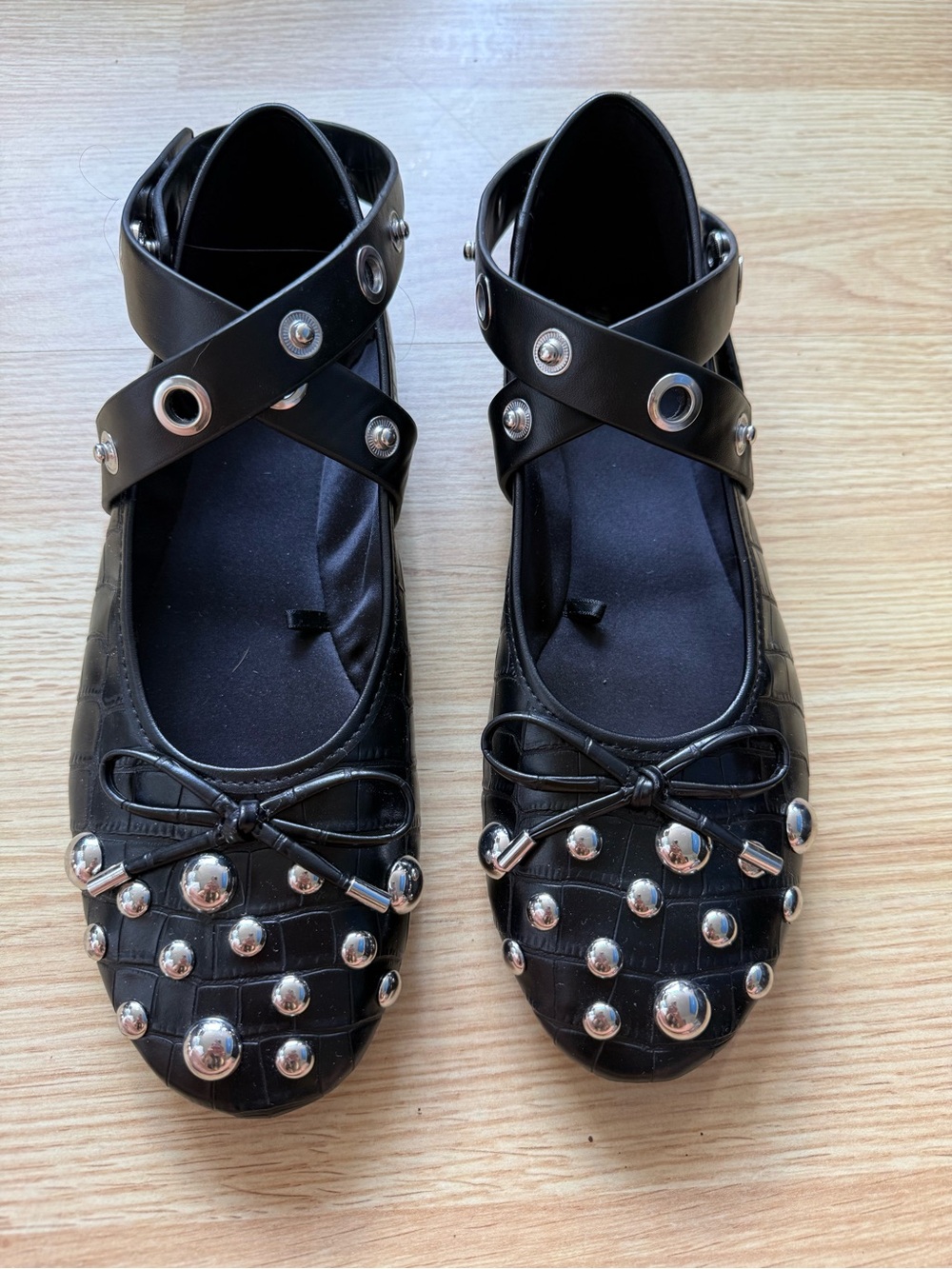 Zara Womens Studded Black Ankle-Strap Ballet Flats Size 40 (9 US)